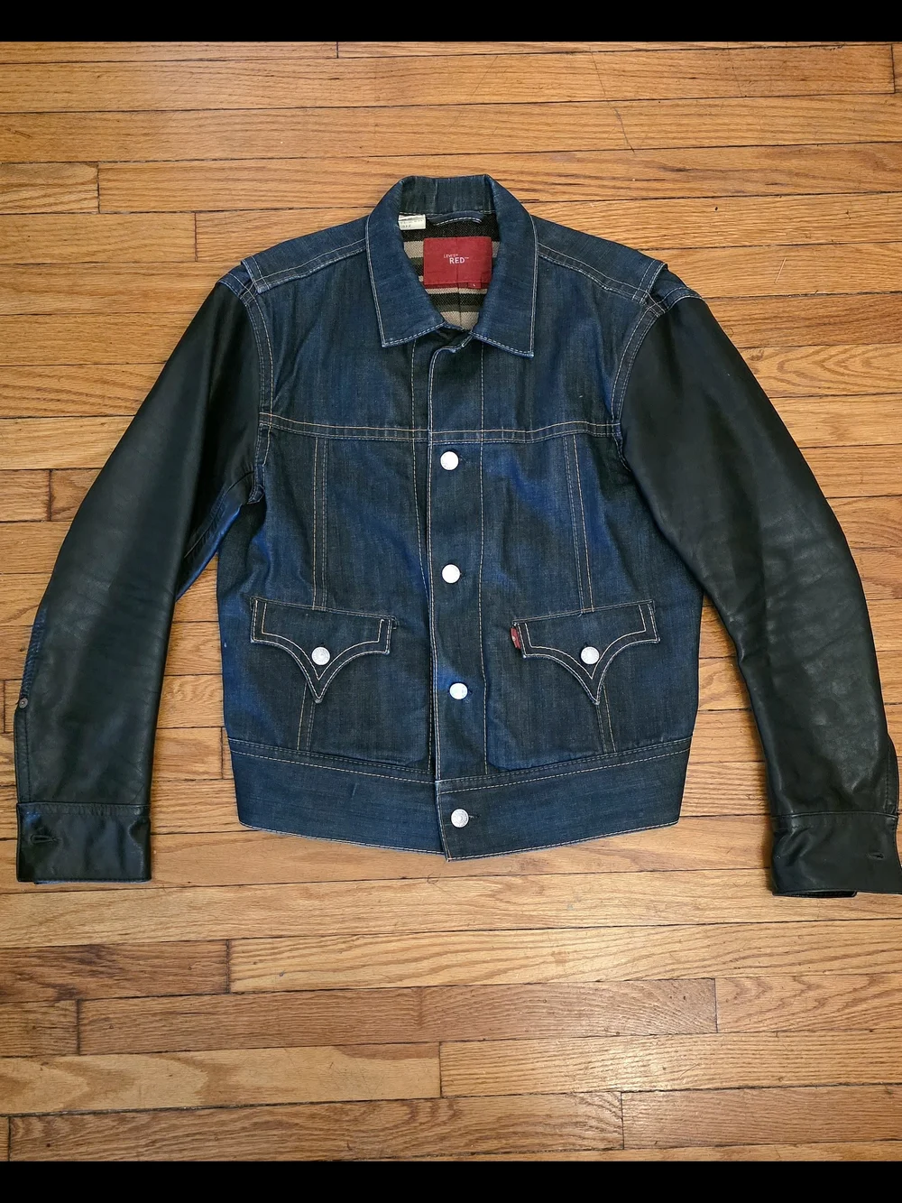 Levi's Blue Denim Jacket with Black Leather Sleeves - Men's